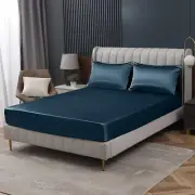Homiest Deep Sea Blue Satin Fitted Sheet Twin XL Size Fitted Bed Sheet, Deep Poc
