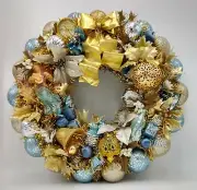 Celestial Blue Shine & Heavenly Gold Shimmer Christmas Ornament Wreath
