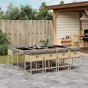 9 Piece Garden Dining Set with Cushions Mix Beige Poly Rattan, Garden Furniture Sets