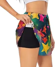 [GaxfjRu] Colorful Rainbow Stars Print Women's Running Shorts High Waisted Running Shorts Pocket Sporty Gym Elastic Short