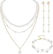 [YKYUASD] Gold Jewelry Set for Women Dainty Layered Pearl Gold Choker Necklace Pearl Drop Earrings Bracelets Wedding Jewelry Set for Mom Brides Graduation Gifts, Standard, Metal, Pearl