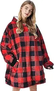 Lillian's HOME Oversized Flannel Blanket with Long Sleeves, Wearable and Cozy with Large Front Pocket, Sherpa Fleece Lining for Adults, Teens and Children One Size Fits All (Red Grid)