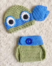 Handmade TMNT Inspired Ninja Turtles Leonardo Crochet Baby Photo Prop. 2 Piece