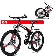 Mountain Bike, Foldable Portable 26" High Carbon Steel Frame Full Suspension Bicycle 24 Speed Dual Disc Brakes Unisex Off Road Bicycle Quick Folding and Convenient Travel,E