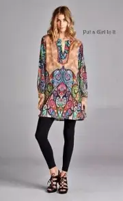 New VELZERA PLUS SIZE Womens TAUPE MOCHA PAISLEY BOHO BEADED SHIRT TUNIC 1X 2X