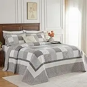 SOElinens Oversized King Bedspreads 128x120 Extra Wide - Country Plaid Floral Patchwork Reversible California King Quilt Set, 3PCS Lightweight Thin Comforter Coverlet Set, Cal King, Gray/Beige