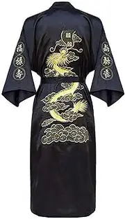 [WAITAO] Kimono Bathrobe Gown Home Clothing,Silk Robe for Men,Dragon Robe Traditional Male Sleepwear Loose Nightwear (Color : Black, Size : Medium)