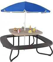 HONEY JOY 8 Person Kids Picnic Table, Outdoor Activity Table w/Adjustable & Collapsible Umbrella, 4 Built-in Benches for up to 8 Children, HDPE Picnic Table w/Sturdy Metal Frame for Ages 3+, Coffee