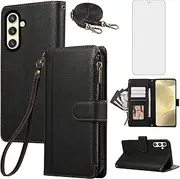 Asuwish Phone Case for Samsung Galaxy S24 Plus S24+ 5G Zipper Wallet Cell Cover with Tempered Glass Screen Protector Crossbody Strap Card Holder Leather S24plus 24S + S 24 24+ Women Men Girls Black