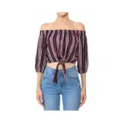 Aplaze Multi-Striped Tie-Front Hem Off-The-Shoulder Flared 3/4 Sleeve Crop Top B