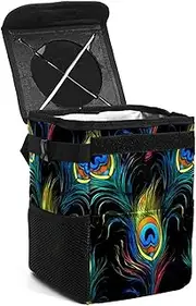 Car Trash Can with Lid,Bag Hanging Storage Pockets Leak-Proof,Portable Garbage Bin,Blue Green Peacock Feather