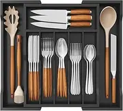 Lifewit Silverware Drawer Organizer, Expandable Utensil Tray for Kitchen, Bamboo Flatware and Cutlery Holder, Wood Adjustable Storage for Spoons Forks Knives, Large, Black