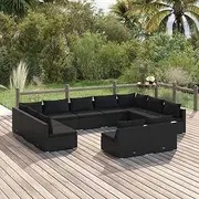 11 Piece Garden Lounge Set with Cushions Black Poly Rattan Patio Bar Sets