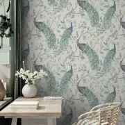 Exotic Peacock Keeka Wallpaper 923708 Blue Arthouse Leafy Birds Flowers Metallic