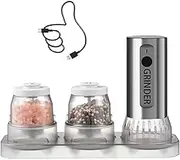 Electric Salt and Pepper Grinder Set Adjustable Coarseness One-Button Electric Spice GrinderStainless Steel, USB Rechargeable, with 2 Quick-Change Containers and Stand