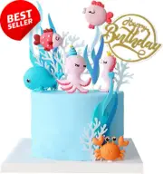 12Pcs 3D Ocean Cake Toppers Hippocampus Whale Clownfish Animal Kids Party