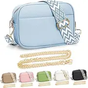 [YILCER] Crossbody Bag for Women, Small Leather Cross Body Bag Ladies Camera Handbag, Pom Pom London Bags Shoulder Bag with Changeable Guitar Wide Strap and Tassel (2 Shoulder Straps)