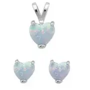 White Fire Opal Heart .925 Sterling Silver Earring & Pendant Set
