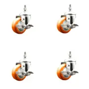 3.5 Inch 316SS Orange Poly Swivel 3/8 Inch Threaded Stem Caster Set Brake