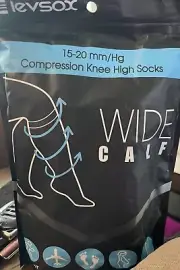 Levsox 15-20 mm/Hg Compression Knee High Socks Wide Calf Black 1 Pair NEW