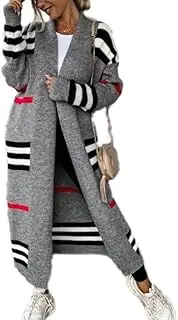 [PTBNRDC] Women's Long Open Front Cardigans Striped Color Block Knit Sweaters Outwear