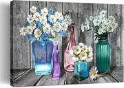 Still Life Oil Painting on Canvas White Daisy Flower Vase Blossom Retro Floral Artwork Vintage Canvas Wall Art for Living Room Bedroom Decor