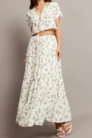 Green Floral Maxi Skirt Tiered High Rise Elastic Waistband - Size 8, Women's Maxi Skirt