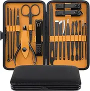 Manicure Set, KMIKE 19 In 1 Stainless Steel Professional Pedicure Kit Nail Grooming Kit Clippers Kit with Black PU Leather Case, Perfect for Men and Women (Black/Yellow)
