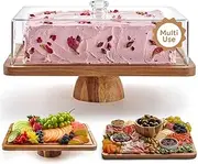 Cake Stand with Acrylic Dome Lid 2-in-1 Multifunctional Rectangular Shatterproof Dessert Table Display Set Acacia Wood Serving Platter, Veggie Tray, Fruit Bowl, Donut Plate by Homesphere Brown,79175