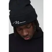 Mens Black Flat Knit Man Script Micro Beanie