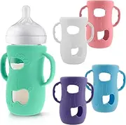5 Pcs Silicone Glass Bottle Sleeve Easy Grip Baby Bottle Holder Anti Breakage Glass Bottle Silicone Sleeve with Handle and Window for Newborn Boy Girl