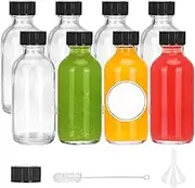 CUCUMI 8pcs Glass Bottles with Caps, 2oz Small Glass Juice Bottles, Shot Bottles with Caps, Small Glass Jars with Lids, Funnels, Waterproof Stickers and Brush