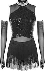 [Riismen] Women's Sequins Fringed Latin Jazz Dance Leotard Tango Salsa Bodysuit with Gloves Modern Dancewear