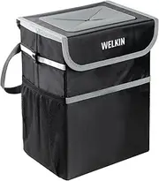 WELKIN Car Trash Can with Lid, Waterproof & Leakproof Bin, Hanging Garbage Storage Pockets for Car, Home, Office -Mini Accessories (Black)