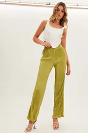 Green Plisse Pant Wide Leg Elastic Waist Lettuce Edge - Size 12, Women's Wide Leg Pants