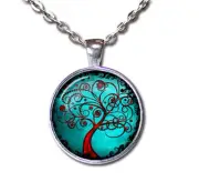Tree of Life Pretty Turquoise - Handmade Glass Pendant Necklace BRIGHT SILVER