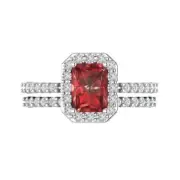 2.20 Emerald Halo Natural Red Garnet Promise Bridal Ring Band set 14k White Gold