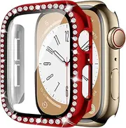 Bling Diamond Case for Apple Watch 45mm with Built-in Tempered Glass Screen Protector, Hard PC Protective Bumper for iWatch Series 9 8 7 45mm - Red