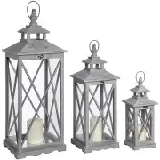 Set Of Three Wooden Lanterns With Traditional Cross Section Grey Wood Lighting