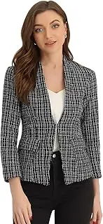 [Allegra K] Women's Checked Blazer Tweed Long Sleeve Open Front Elegant Jackets
