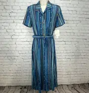 NWT Vintage Leslie Fay Navy Teal Blue Maxi Dress Button Up Flowy Collar Size 10