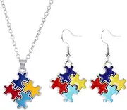 [Caiyao] Autism Earrings Necklace Set Autism Awareness Puzzle Piece Heart Shape Earrings Necklace Alloy Enamel Girl Jewelry Gift