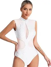 [TiaoBug] Women Turtleneck Dance Ballet Leotard With Sparkly Rhinestones for Adult Gymnastic Figure Skating Dancewear