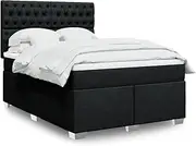 vidaxl Double Queen Size Black Box Spring Bed with Polyester Fabric, Adjustable headboard, Pocket Spring Mattress, LED Lighting
