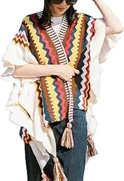 [HaoMay] Women's Ethnic Open Front Shawl Cape Wool Woven Tassel Poncho