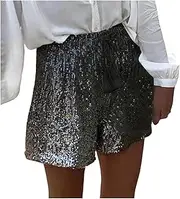 [Generic] Women's Summer Sequins Shorts High Waist Casual Loose A Line Hot Pants Sparkly Clubwear Night-Out Pants Pockets 2025