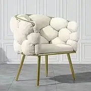Velvet Vanity Chair for Bedroom, Modern Makeup Chair with Golden Metal Legs, Fluffy Accent Chair Upholstered Chair for Home, Office, Bedroom, Living Room, Dining Room(White)