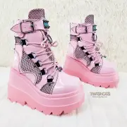 Shaker 60 Baby Pink Patent Platform 4.5" Wedge Heel Cyber Ankle Boots NY DEMONIA
