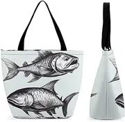 [QWNMD] Tote Bag for Women Shoulder Bag Sketch Fish Handbags for Travel Work Beach Bag Grocery Bag, Sketch Fish, One Size