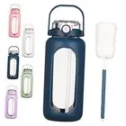 64oz Glass Water Bottles with Straw Time Marker Half 64 Ounces Dark Blue